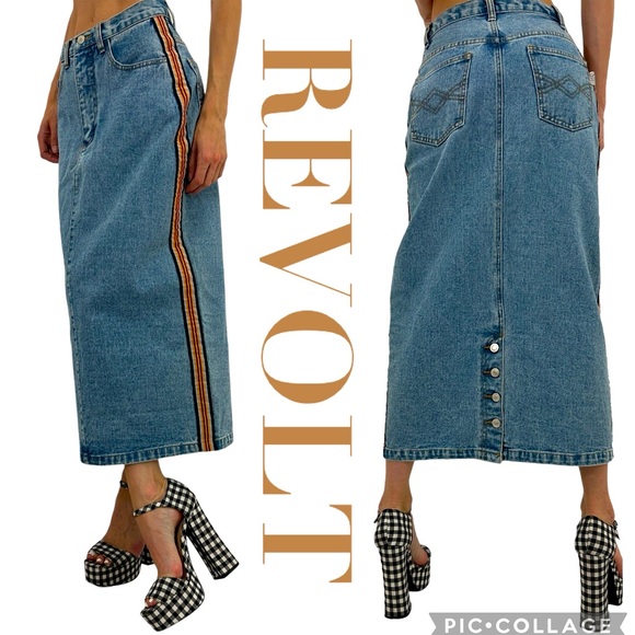 Revolt Jeans Dresses & Skirts - Vintage Deadstock Revolt High-Rise Midi Length Denim Skirt With Button Back